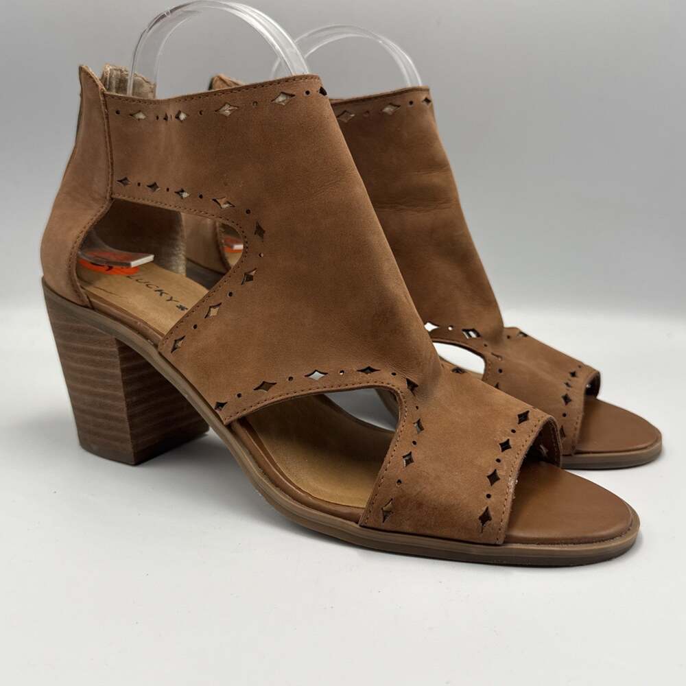 Lucky Brand Kikah SIZE 9.5 Open Toe Block Heels Shoes Brown Cutout Leather Boho